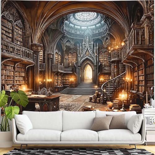 Gothic Library Tapestry Medieval Bookshelf Tapestries Wall Hanging Goth Vintage Dark Academia Hall Library Backdrop Extra Large Tapestry for Bedroom Living Room Dorm Classroom 90 x 68 inch