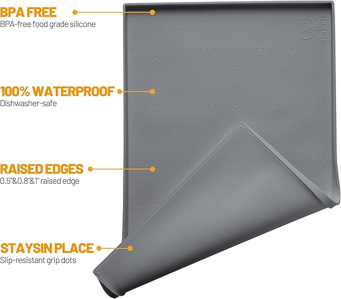 Hubulk Dog Feeding Mat,100% Waterproof Food Grade Silicone Pet Food and Water Bowl Placemat,Dishwasher, High Raised Edge to Prevent Spills,Nonslip Tray to Stop Messes on Floor (24"x16"x0.5", Grey)