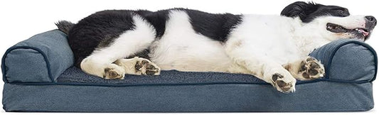 Furhaven Cooling Gel Dog Bed for Large/Medium Dogs w/ Removable Bolsters & Washable Cover, For Dogs Up to 55 lbs - Sherpa & Chenille Sofa - Orion Blue, Large