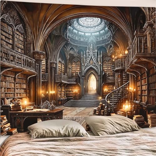Gothic Library Tapestry Medieval Bookshelf Tapestries Wall Hanging Goth Vintage Dark Academia Hall Library Backdrop Extra Large Tapestry for Bedroom Living Room Dorm Classroom 90 x 68 inch