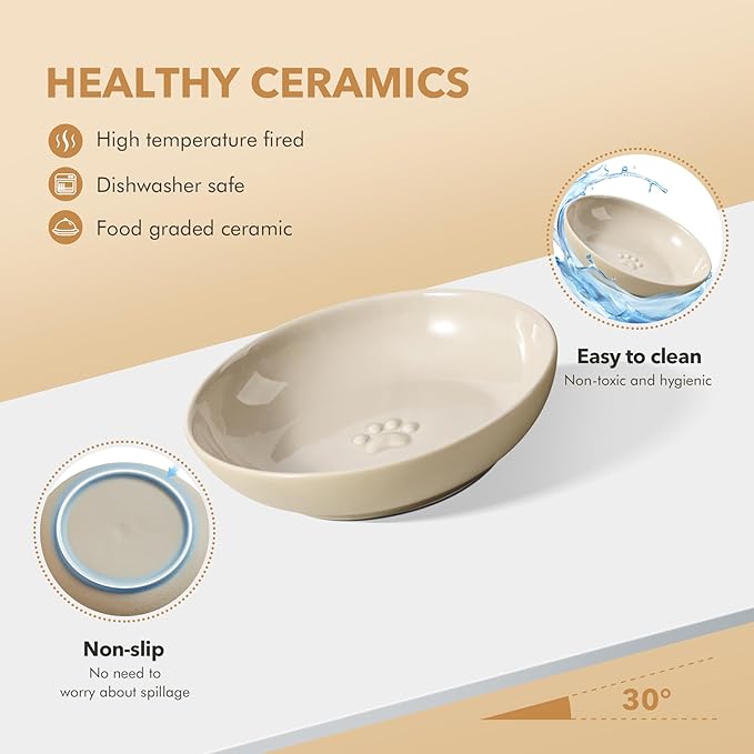 Raised Ceramic Wide Whisker Friendly Cat Dishes, Food& Water Bowl with 2 Style Stand Adjustable Pet Bowl Set, Anti Whisker Fatigue(2Dish+2Shallow Dish+Stand