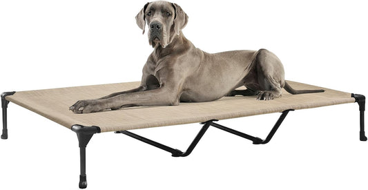 Veehoo Outdoor Elevated Dog Cot Bed-Cooling Raised Pet Bed for XX-Large Dog, Washable Breathable Mesh Hammock Bed with No-Slip Feet,Indestructible Ground Off Training Platform Cot-59x37.5 Beige Coffee