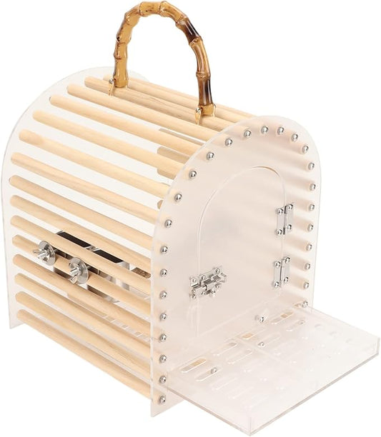 Zerodis Portable Bird Cage, Small Transparent Travel Bird Carrier with Delicate Carrying Handle Grip Wooden Acrylic Stainless Steel Material Birdcage with Lock