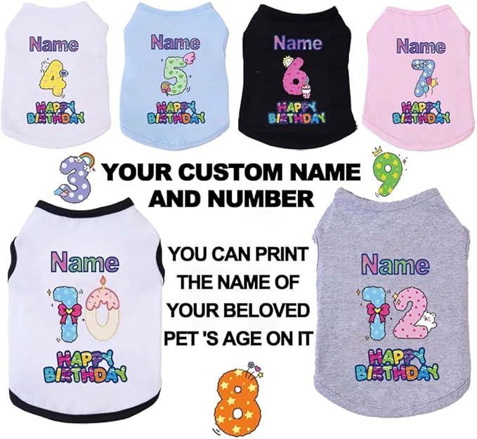 Custom Dog Birthday Shirt,Personalized Pet Apparel Print with Name Age Number,Pet Birthday Outfit,Lightweight Breathable Cotton Vest for Small Medium Large Dogs Cat (Black, Medium)