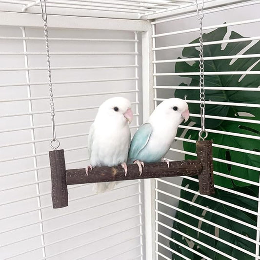 Natural Wood Parakeet Swing Toy, Cockatiel, Lovebird, Budgie Wooden Perch Stand, Small and Medium Bird Cage Accessories (Small)