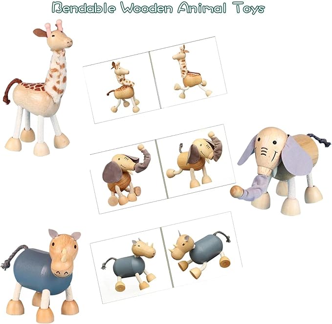 12PCS Bendable Wooden Animal Toys, Fun and Posable Animal Toys for Early Education, Smooth Natural Wood, Safari Farm Wood Animals Learning Toy for Kids
