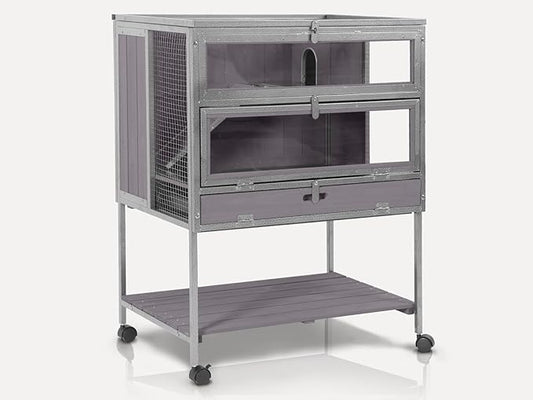 Guinea Pig Cage, Moveable Metal Frame Hamster Cage Anti-Chewing with Aluminium Alloy Edge, Hideouts, Ramps, Seesaws Chewing Toy, Deeper Pull-Out Leakproof Tray for Indoor Outdoor(Grey)