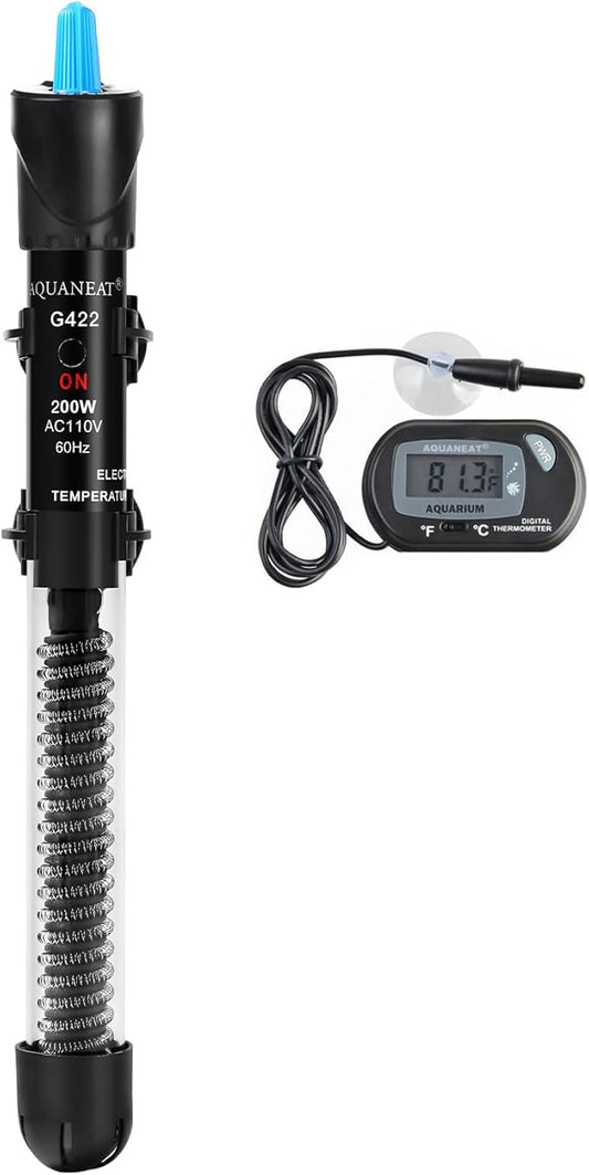 AQUANEAT Aquarium Heater, 200W Fish Tank Heater, Adjustable Submersible Water Thermostat with Digital Thermometer