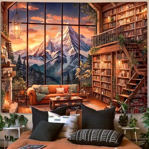 Forest Mountain Library Tapestry Fantasy Bookshelf Tapestries Wall Hanging Vintage Watercolor Nature Fairy Library Backdrop Extra Large Tapestry for Bedroom Living Room Classroom 90 x 68 inch