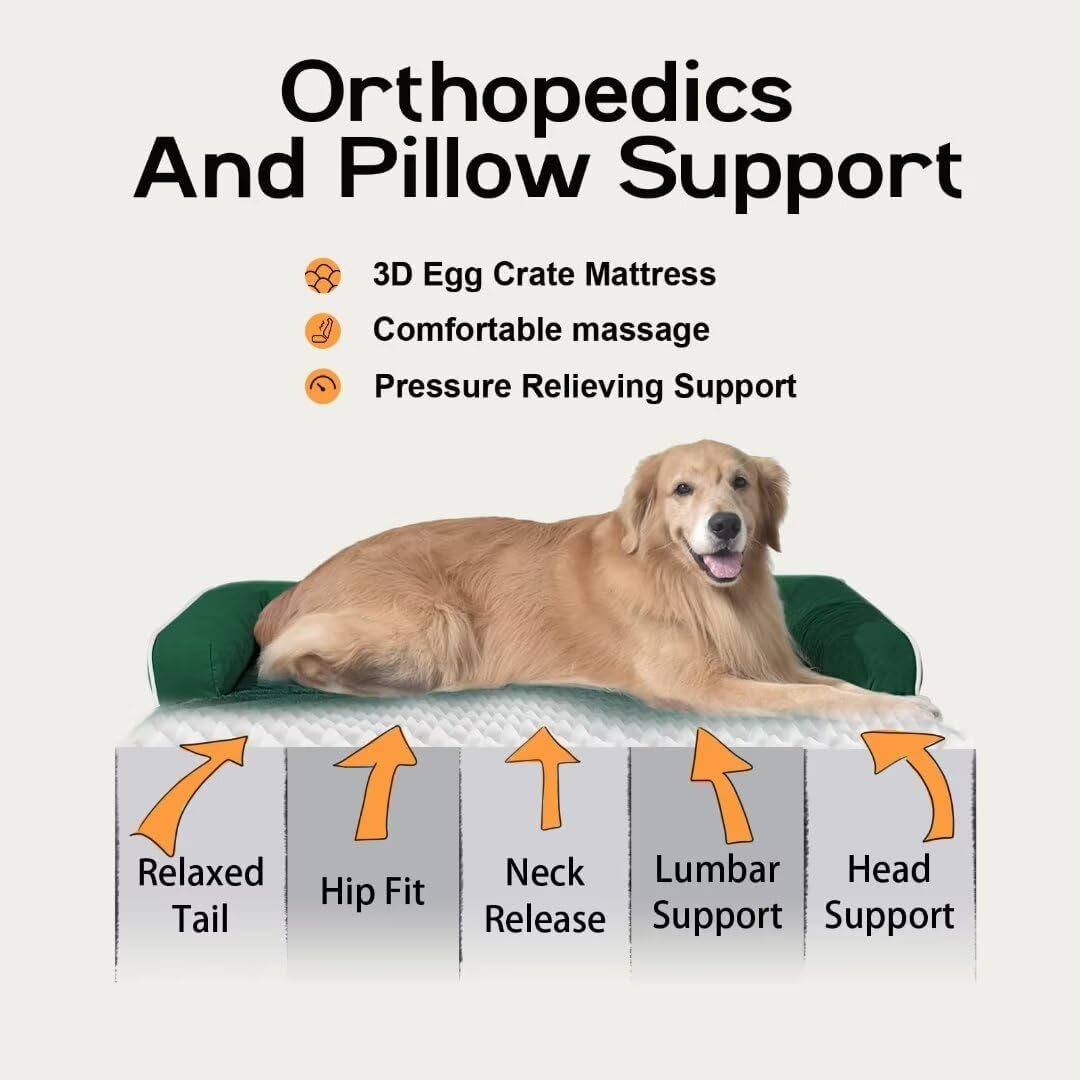 Large Dog Bed Orthopedic Washable - Waterproof Removable Cover - Medium XLarge Big Dogs - Egg Foam Couch - Emerald Dog Beds Bolster with Sides