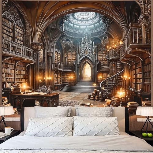 Gothic Library Tapestry Medieval Bookshelf Tapestries Wall Hanging Goth Vintage Dark Academia Hall Book Library Backdrop Large Tapestry for Bedroom Living Room Dorm Classroom 80 x 60 inch