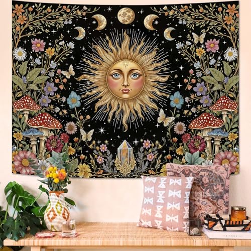 Boho Sun and Moon Tapestry Hippie Mushroom Floral Wall Tapestry for Bedroom Aesthetic Moon Phase Vintage Plant Celestial Small Tapestries Wall Hanging for Living Room Dorm 48 x 36 Inch