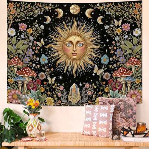 Boho Sun and Moon Tapestry Hippie Mushroom Floral Wall Tapestry for Bedroom Aesthetic Moon Phase Vintage Plant Celestial Small Tapestries Wall Hanging for Living Room Dorm 60 x 44 Inch