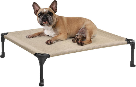 Veehoo Outdoor Elevated Dog Cot Bed, Cooling Raised Pet Bed for Medium Dogs, Washable Breathable Mesh Hammock Bed with No-Slip Feet, Indestructible Ground Off Training Platform Cot-32"x25"Beige Coffee