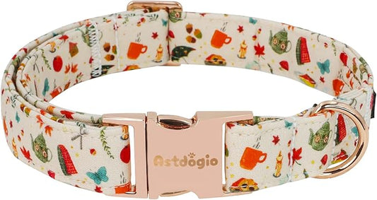 Autumn Dog Collar，Soft Cotton Handmade Pet Collar with Autumn Tea Party Design for Small Medium Large Dogs, Adjustable Collars for Fall Walks，Tea-Time Adventures & Fireside Snuggles -S