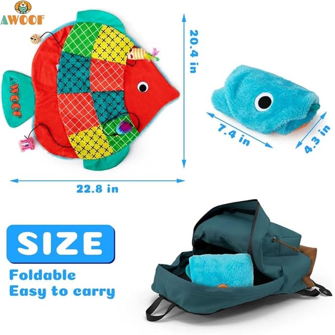 AWOOF Cat Mat, Cute Soft Catnip Mat, Cat Activity Mat Machine Washable Catnip Toys Interactive Cat Toys for Indoor Cats (Fish Shape)