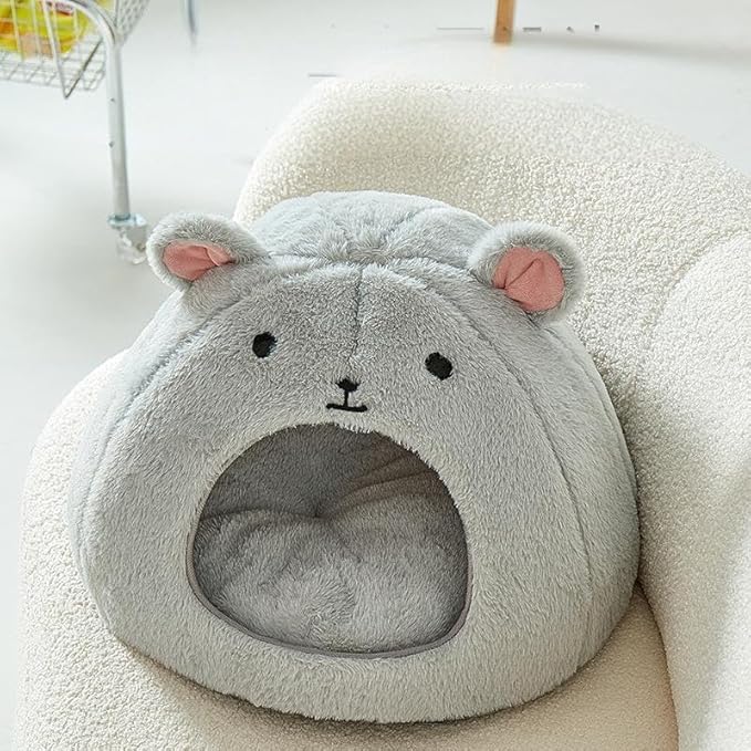 Cozy Mouse Ear Pet Cave Bed Ultra-Soft Gray Plush cave Bed, Cat Cave Beds Cat House Cat Tent with Removable Washable Cushioned Pillow, Cat Beds&Dog Beds,Perfect for Small & Medium Pets