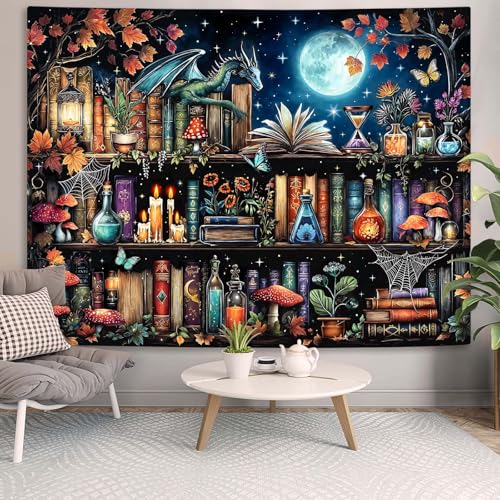 Dragon Bookshelf Tapestry Witchy Mushroom Bookshelf Tapestries Wall Hanging Gothic Medieval Fantasy Moon Dark Academia Book Large Tapestry for Bedroom Living Room Dorm 80 x 60 inch
