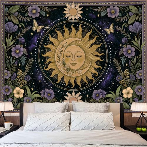 Boho Vintage Sun and Moon Hippie Purple Floral Tapestry 80 x 60 Inch