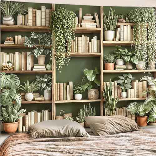 Green Plant Bookshelf Tapestry Botanical Bookshelf Tapestries Wall Hanging Modern Potted Plants Bookshelf Backdrop Large Tapestry for Bedroom Living Room Dorm 80 x 60 inch