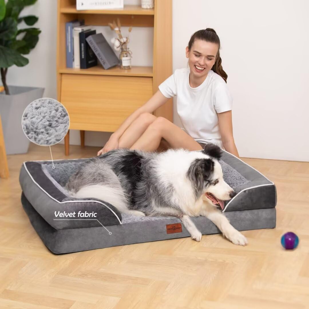 Comfort Expression Orthopedic Waterproof Dog Beds Memory Foam, XL Washable Dog Beds with Removable Cover, Large Pet Sofa Couch with Bolster(X-Large,Silver Grey)