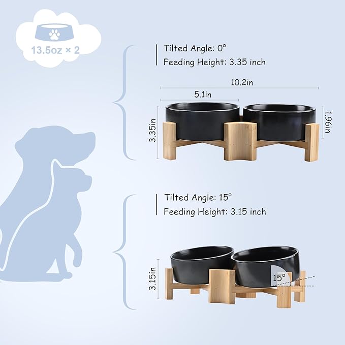 SPUNKYJUNKY 15° Slanted Ceramic Dog and Cat Bowl with Wooden Stand, Tilted Bulldog Food and Water Bowl No Slip Non-Spill for Cats Medium Dogs Big Face Pets 13.5 OZ (1.7 Cups, Black × 2)