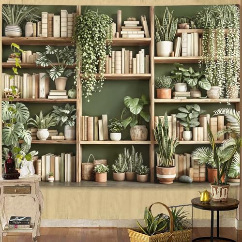 Green Plant Bookshelf Tapestry Botanical Bookshelf Tapestries Wall Hanging Modern Potted Plants Bookshelf Backdrop Extra Large Tapestry for Bedroom Living Room Dorm 90 x 68 inch