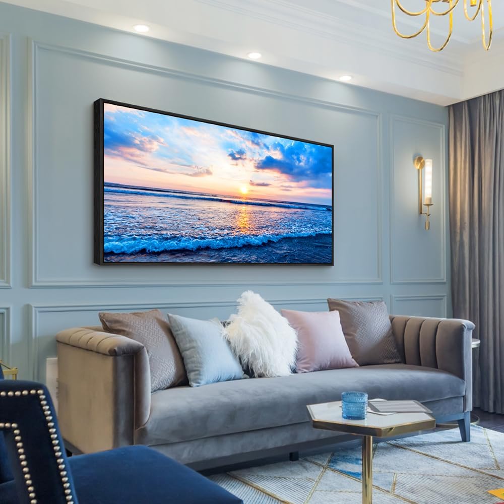 Wapluam Large Canvas Prints Wall Art For Living Room Office Wall Decor Blue Beach Sea Waves Landscape Wall Painting Bedroom Home Decorations Pictures Ready To Hang Wall Mural Black Framed Artwork