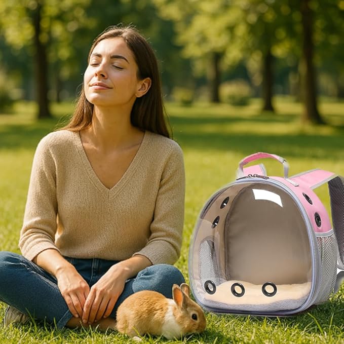Bunny Carrier, Guinea Pig Carrier,Small Animal Carrier Backpack for Rabbit,Bearded Dragon, Lizard,Hamster,Kitten. Breathable Pet Travel Cage Bag (Pink)