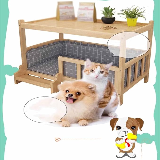 XPLKQXE Dog Bed Wood Platform, Elevated Pet Cushion Bed, Animal Couch with Mattress, Dog Beds & Furniture Rest Cot, Portable Fence Bed Pet Up to 45kg/100lbs(Color:Gray,Size:75x50x65cm)