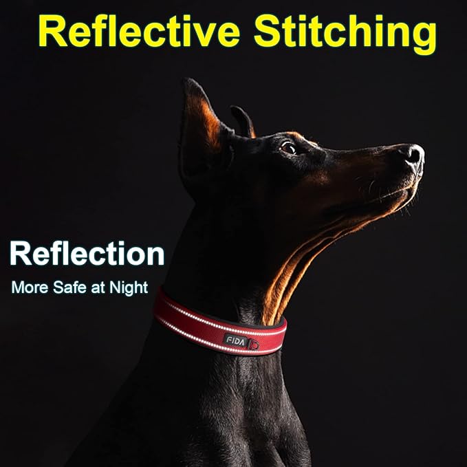 Fida Heavy Duty Dog Collar, Ultra Comfortable Soft Neoprene Padded, Adjustable Reflective Nylon Pet Collar with Durable Metal Belt Buckle for Large Breeds (L, Red)