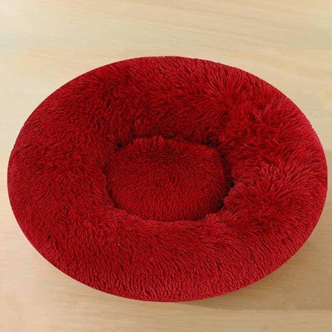 Large Calming Dog Bed, 47 Inch Anti-Anxiety Donut Dog Cuddler Cat Bed, Warming Cozy Soft Dogs Round Bed, Fluffy Faux Fur Machine Washable Pet Cushion for Medium Large Dogs & Cats (Red)