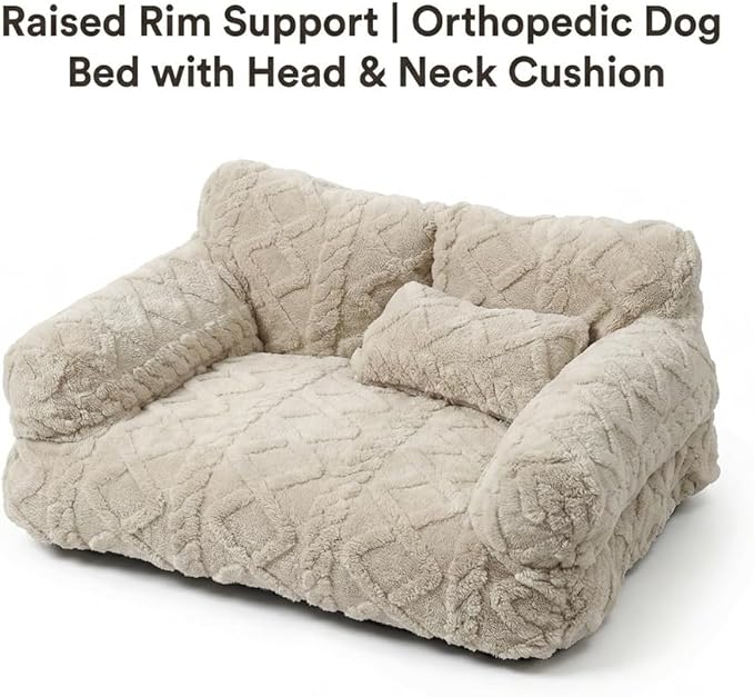 Plush Calming Pet Sofa Bed, Raised Rim, Removable Cover & Non-Slip Bottom for Cats & Dogs, Calming Dog Bed Fluffy Plush Dog Mat for Furniture Protector with Removable Washable Cover (Khaki, Large)
