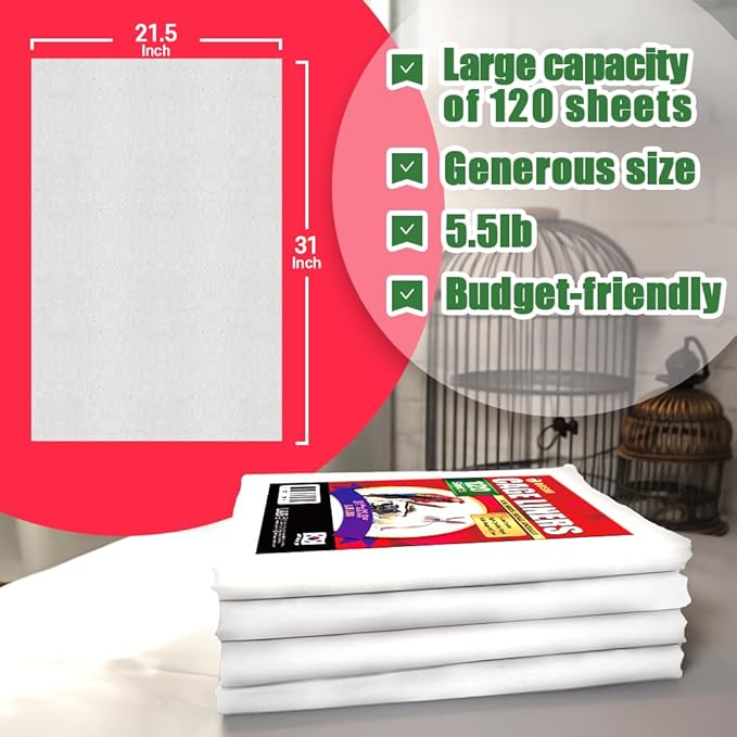 HASHI Bird Cage Liner - 120 Disposable Sheets Made from Acid-Free Newsprint. Non-Toxic for Birds, Ideal for Packing, Pet Cages, Crafts, Shipping, and Moving. Easy to Clean (31"x21.5")