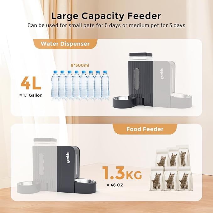 Gravity Cat Feeder and Water Dispenser with 304 Stainless Steel Bowls, 2 in 1 Automatic Cat Feeder with 180 Degree Rotatable Water Bowl, Large Capacity for Puppy Kitten Rabbits, Black