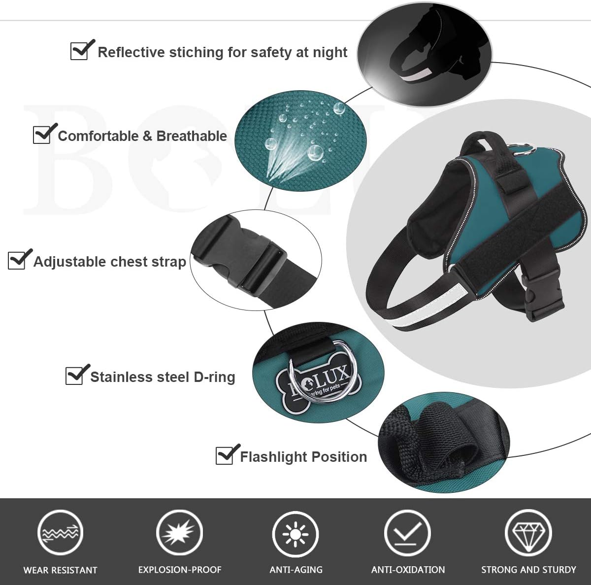 Bolux Dog Harness, No-Pull Reflective Dog Vest, Breathable Adjustable Pet Harness with Handle for Outdoor Walking - No More Pulling, Tugging or Choking (Turquoise, S)