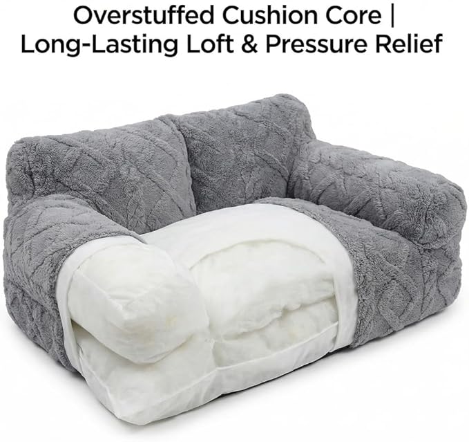 Plush Calming Pet Sofa Bed, Raised Rim, Removable Cover & Non-Slip Bottom for Cats & Dogs, Calming Dog Bed Fluffy Plush Dog Mat for Furniture Protector with Removable Washable Cover (Beige, Small)