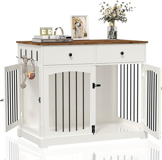 BREEZEHEAT 40 inch Dog Crate Furniture-Farmhouse Dog Kennel with Drawers-End Table Wooden Pet Crate, Double Door Design, Decorative Dog House Indoor for Small Medium Large Dog,Off White