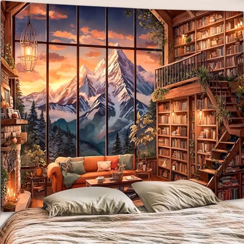 Forest Mountain Library Tapestry Fantasy Bookshelf Tapestries Wall Hanging Vintage Watercolor Nature Fairy Library Backdrop Extra Large Tapestry for Bedroom Living Room Classroom 90 x 68 inch