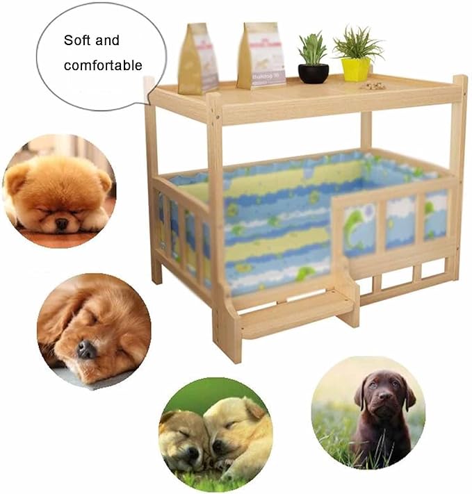 XPLKQXE Dog Bed Wood Platform, Elevated Pet Cushion Bed, Animal Couch with Mattress, Dog Beds & Furniture Rest Cot, Portable Fence Bed Pet Up to 45kg/100lbs(Color:Woody,Size:120x60x70cm)