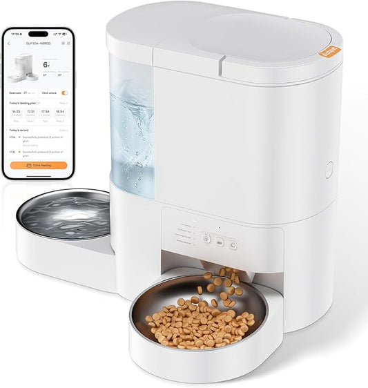 Automatic Cat Feeder and Water, 5G WiFi App Control Cat Food Dispenser, 4L Timed Pet Feeder and 3L Gravity Waterer, Voice Recording, Up to 10 Meal Daily with Dual Stainless Steel Bowl for Kitten,Puppy