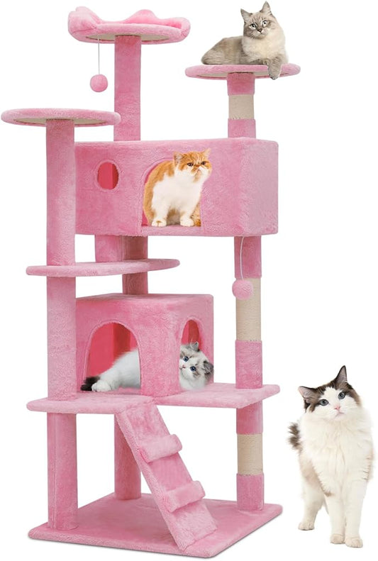 Athena Collection 54 Inch Cat Tree for Indoor Cats, Multi-Level Tower With 2 Condos, Scratching Post & Dangling Ball, Tall Climbing Center, Pink