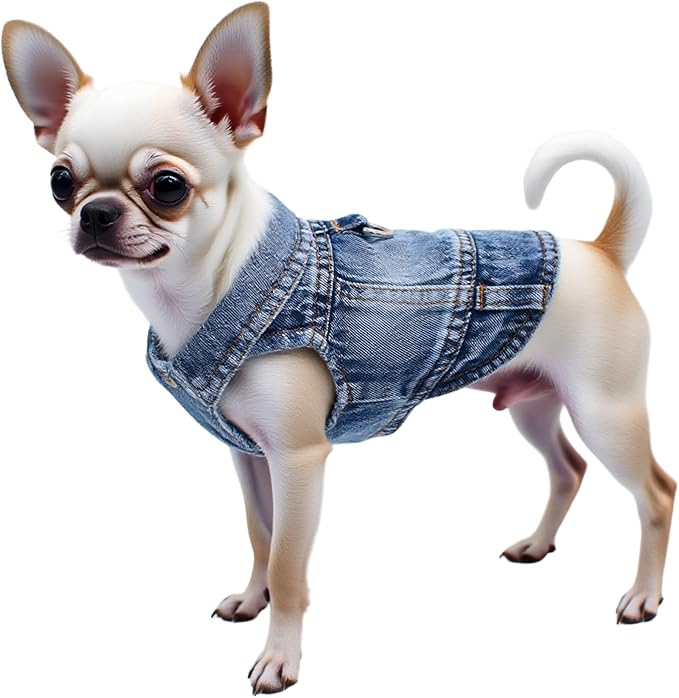 Puppy Clothes for Small Dogs Boy,Classic Western Denim Dog Coat,Dog Jeans Jacket with Leash D-Ring,Pet Cat Costumes,Cooling Harness Vest for Walking (Blue, X-Large)