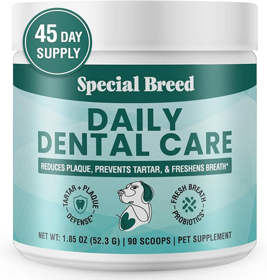 Dog Teeth Cleaning Powder – Natural Dog Dental Powder for Tartar Control, Fresh Breath & Gum Health – Daily Plaque Remover with Zeolite, Brown Algae, Probiotics & Rosemary – 90 Scoops
