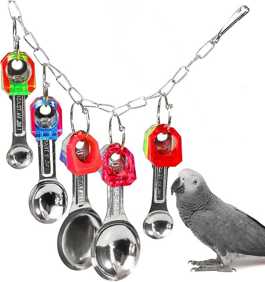 Bird Chew Toys, Shiny Stainless Steel Spoon and Colorful Acrylic Rings Cage Toys, for Medium Large Macaws Parakeets Cockatoos Amazon Conures Budgie Lovebirds Finches African Grey Parrot