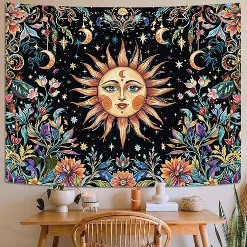 Sun and Moon Tapestry Hippie Boho Floral Wall Tapestry for Bedroom Aesthetic Colorful Flowers Vintage Celestial Botanical Plant Small Tapestries Wall Hanging for Living Room Dorm 60 x 44 Inch