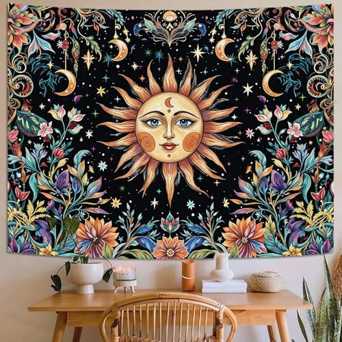 Sun and Moon Tapestry Hippie Boho Floral Wall Tapestry for Bedroom Aesthetic Colorful Flowers Vintage Celestial Botanical Plant Small Tapestries Wall Hanging for Living Room Dorm 48 x 36 Inch