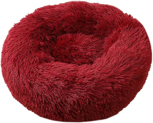 Calming Faux Fur Dog Beds Calming Donut Cuddler Dog Bed Washable Round Cat Bed Pillow Cuddler Fluffy Indoor Dog Calming Beds with Anti Slip Bottom Solid Color Dark Red 47 Inch
