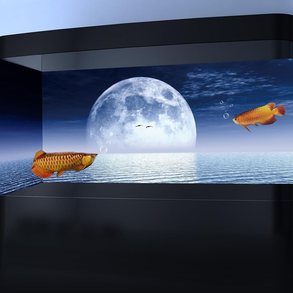 Moon Aquarium Background,Cool Sea Galaxy Parallel Space Themed Fish Tank Background, Cool Terrarium Background 48X24IN with 8 EVA Double-Sided Tape