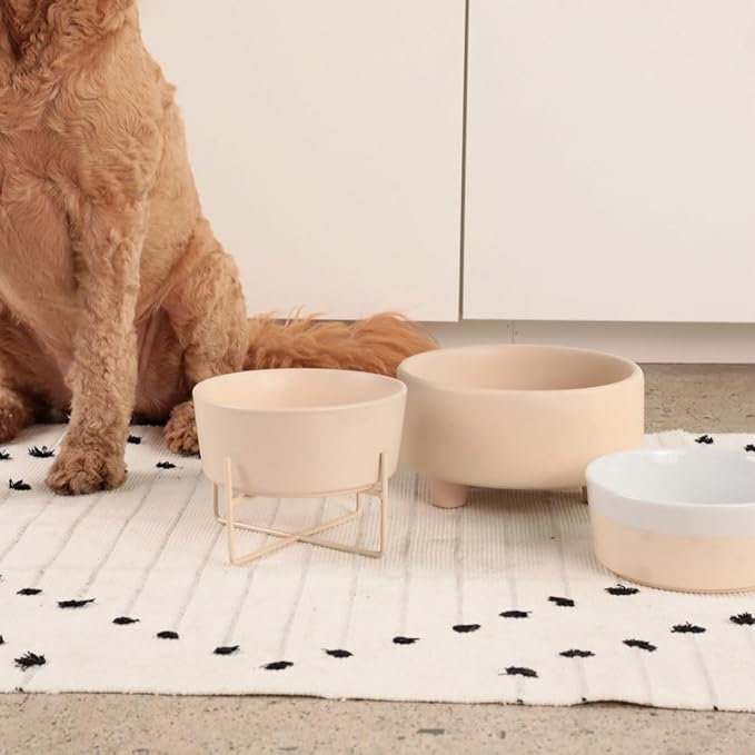 Waggo Dipper Ceramic Dog Bowl for Small and Large Breeds - Heavyweight and Durable Pet Food and Water Dish Crock, Dishwasher Safe, Modern (Large, Buttercream)